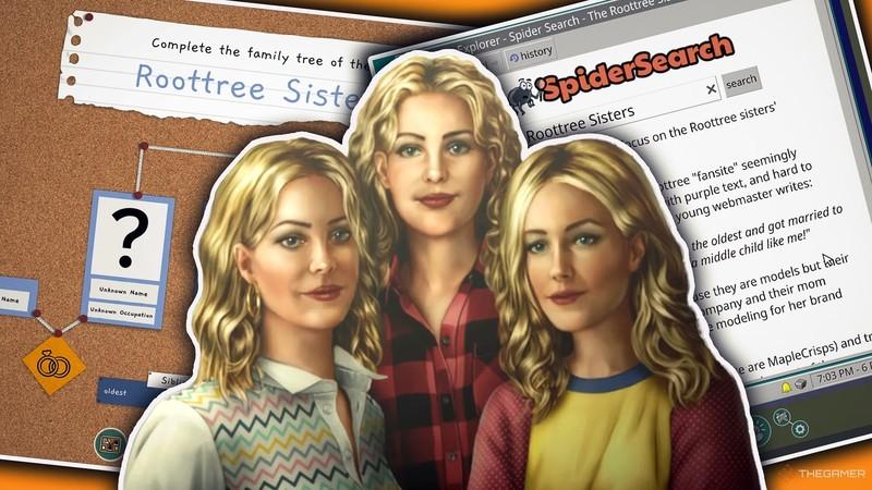 اسکرین شات های ترکیبی از تصاویر، شجره نامه خانوادگی و موتورهای جستجو از The Roottrees Are Dead، از بهترین بازی های 2025.