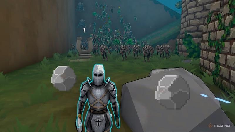 شخصیت Megabonk sir oofie در حالی که انبوهی از دشمنان از پشت سرش به سمت او می دوند، ثابت ایستاده است، یک بازی ارزان استیم.