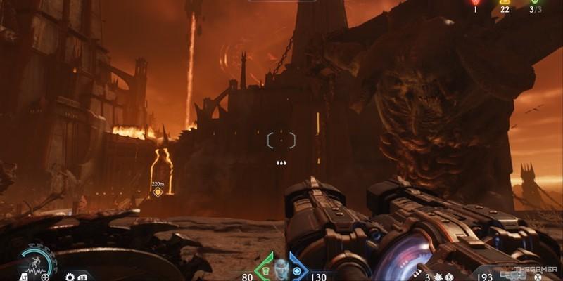 شخصیت Slayer در حال استفاده از سلاح Cycler در حالی که یک تیتان غول پیکر رو در جهنم هدف گرفته، در بازی Doom The Dark Ages. بهترین بازی های FPS فانتزی