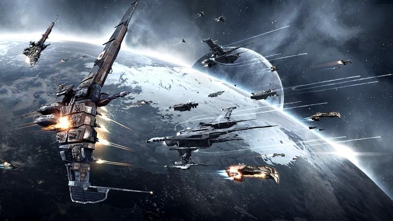 آرت بازی EVE Online، از بهترین بازی های رایگان شبیه ساز فضا، از فضاپیماهایی که به سمت یک سیاره دوردست پرواز می کنن