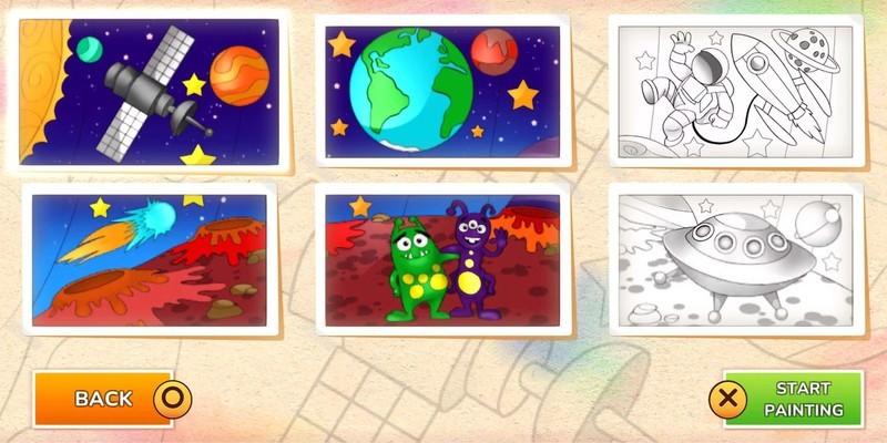 اسکرین شات از منوی بازی Coloring Book در حال انتخاب تصویر برای رنگ آمیزی، یک بازی رایگان پلی استیشن پلاتینیوم آسان