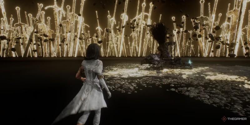 باس Simon الهام گرفته از Malenia در Clair Obscur: Expedition 33 - تصویری از سایمون در زندان شمشیرهای درخشانش