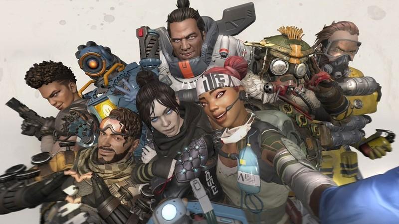 اسکرین شات Apex Legends، از بهترین بازی های رایگان بتل رویال، از تعدادی از لجندها که در یک پس زمینه سفید ایستادن
