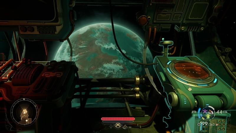 اسکرین شات بازی Outer Worlds 2 قبل از بازی از کابین خلبان سفینه Incognito و ماژول فرماندهی اون، با نمایی از سیاره ای که Paradise Island در اون قرار داره در پس زمینه