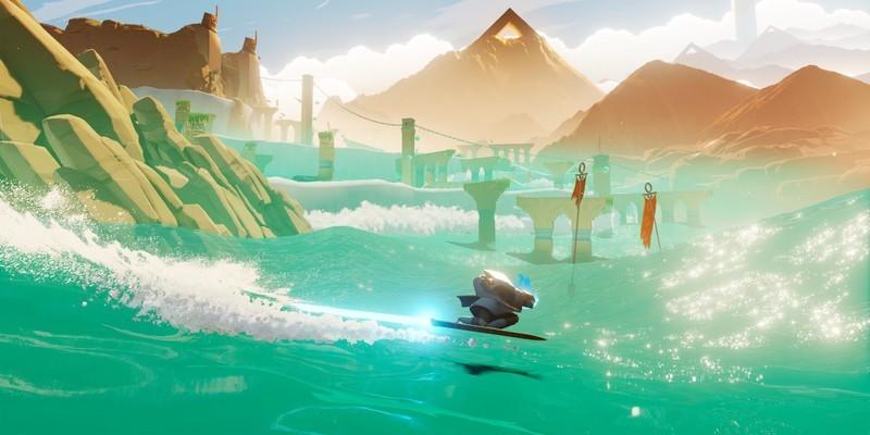 Sword of the Sea رایگان پلی استیشن پلاس: Wraith gliding past a mountain on his hoversword