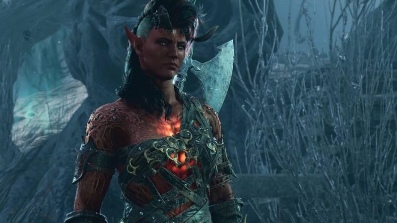 تصویری از Baldur's Gate 3 Karlach راهب با تبر روی پشتش.