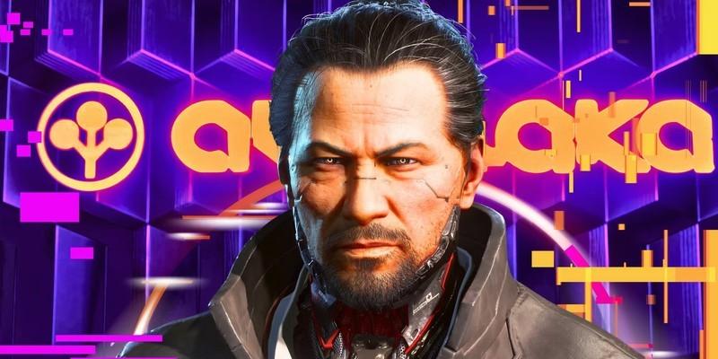 گورو تاکمورا از Cyberpunk 2077 که جلوی لوگوی Arasaka ایستاده. لوازم جانبی CORSAIR Cyberpunk 2077