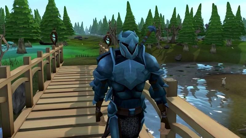 اسکرین شات از Runescape، از بهترین بازی های رایگان MMORPG، که یک سرباز زره پوش رو در حال قدم زدن روی اسکله نشون می ده.