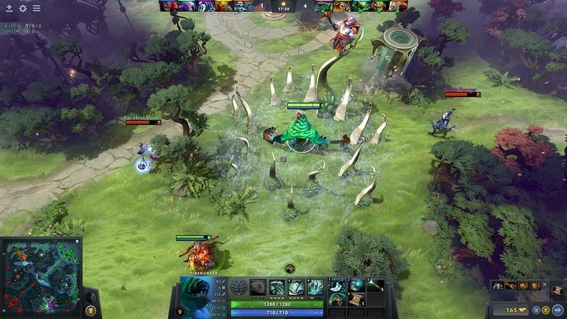 اسکرین شات از Dota 2، از بهترین بازی های رایگان MOBA، از یک صحنه نبرد در طبیعتی سرسبز