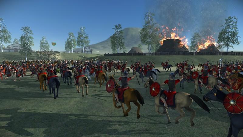سربازان رومی سوار بر اسب پس از سوزاندن یک شهرک در طول یکی از بهترین بازی های Total War، یعنی Total War: Rome