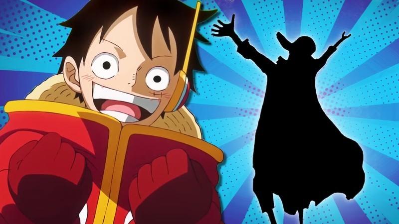 لوفی هیجان زده با سیلوئت جوی بوی در پس زمینه. جوی بوی از شخصیت های One Piece با هاکی پادشاهی است.