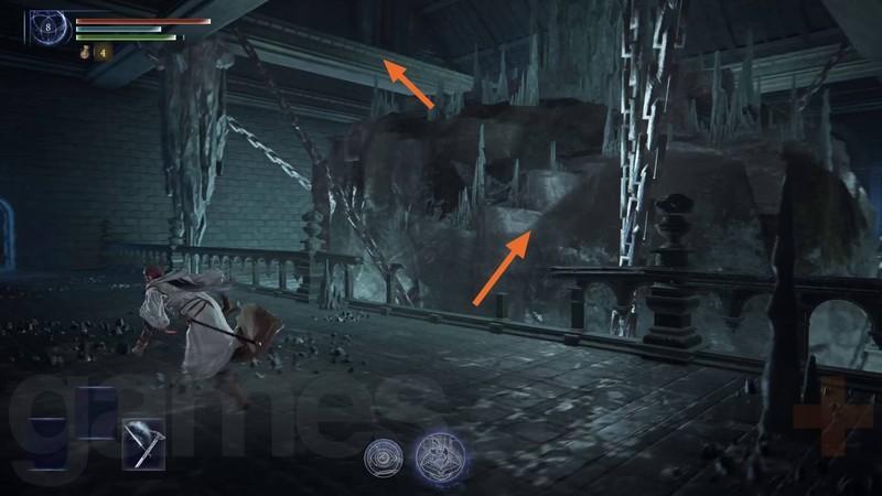 مسیر صعود کریستال غول پیکر در ماموریت Elden Ring Nightreign Scholar Remembrance راهنما با فلش های نارنجی برجسته شده است