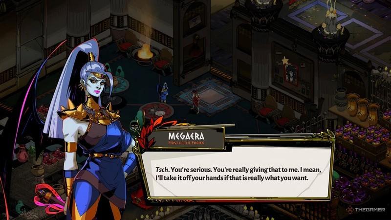 Hades نحوه عاشق شدن: Megaera's reaction in Hades to being given Nectar by Zagreus as part of her romance or bond path.