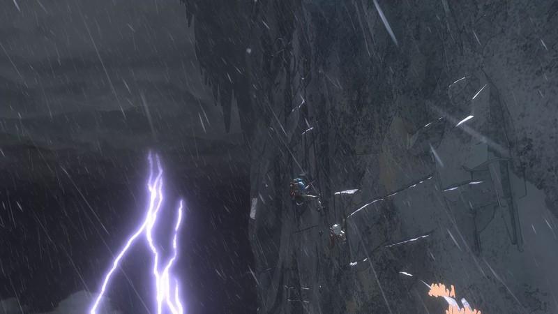 کوهنورد در یک طوفان شدید در Cairn بازی بقا کوهنوردی در حال بالا رفتن از صخره ست و رعد و برق در پس زمینه دیده می شه