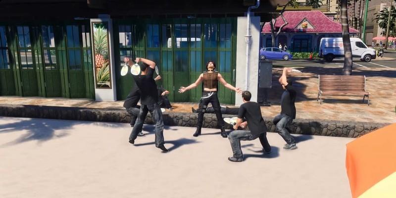 Like A Dragon: Infinite Wealth در PlayStation Plus: گروه در یک اسکرین شات از Like a Dragon: Infinite Wealth سعی می کند با بادبزن های دستی طوفان به پا کند.