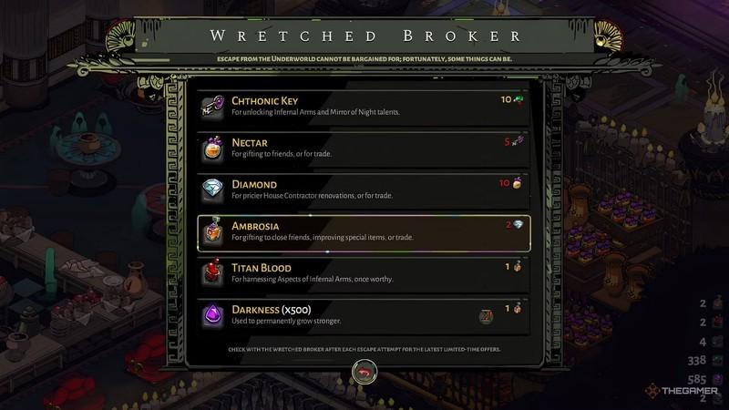 Hades نحوه عاشق شدن: Selecting Ambrosia at the Wretched Broker in Hades.