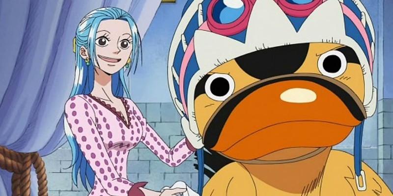 ویوی در حال لبخند زدن و نشستن کنار کارو، اردک غول پیکر در One Piece، Karoo در One Piece Season 2