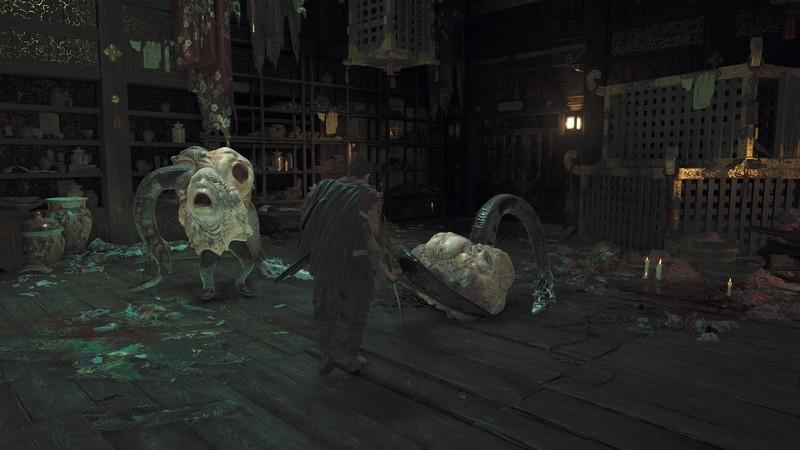 موساشی وارد اتاقی می شه تا با دشمنان شاخک دار چیجیکو در Onimusha بازی جدید: Way of the Sword مبارزه کنه