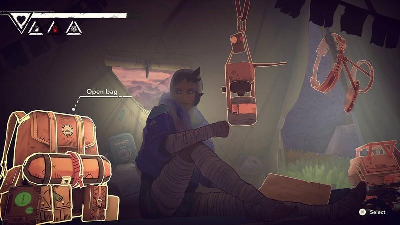 آوا، شخصیت اصلی Cairn بازی بقا کوهنوردی در یک چادر کم نور کنار کوله پشتی قهوه ای خودش نشسته