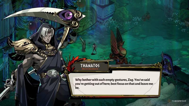 Hades نحوه عاشق شدن: Thanatos in Hades responding to Zagreus giving him Nectar, as part of his bond and romance path.