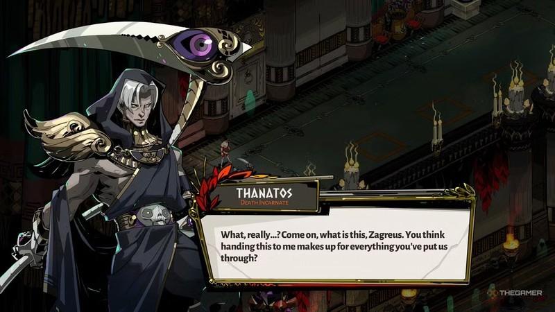 Hades نحوه عاشق شدن: Talking to Thanatos in Hades as part of his bond and romance path, after giving him Nectar.