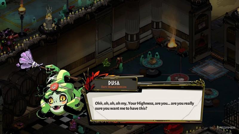 Hades نحوه عاشق شدن: Dusa's reaction in Hades to being given Nectar by Zagreus as part of her romance or bond path.