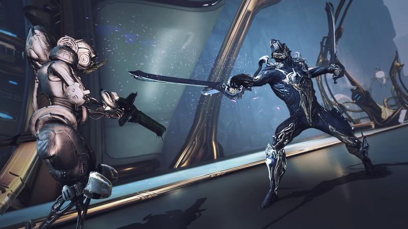 آرت Warframe که دو شخصیت را در حال مبارزه با شمشیر نشان می دهد، از بهترین بازی های رایگان Steam.