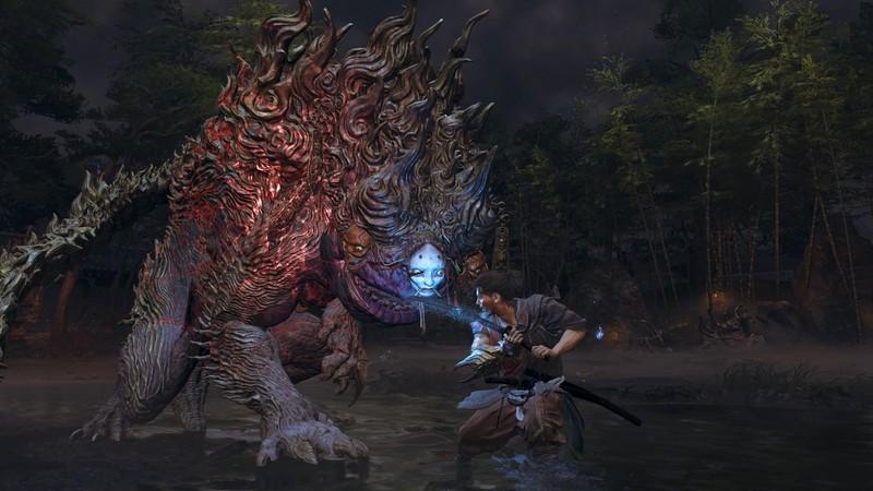 موساشی در حال نبرد با یک نوئه بزرگ، یک هیولای وحشی عظیم، در Onimusha بازی جدید: Way of the Sword