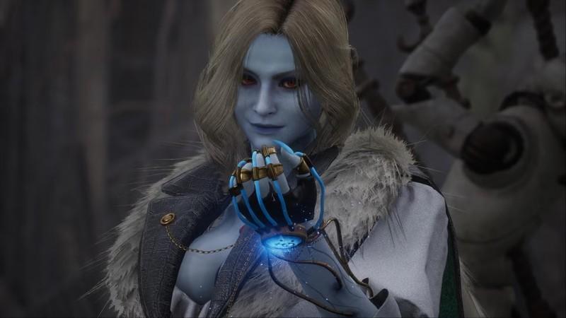 مارکیونا، عروسک گردان مرگ، در حالی که مشتش را گره کرده و لبخندی ویرانگر به پینوکیو در Lies of P: Overture می زند.