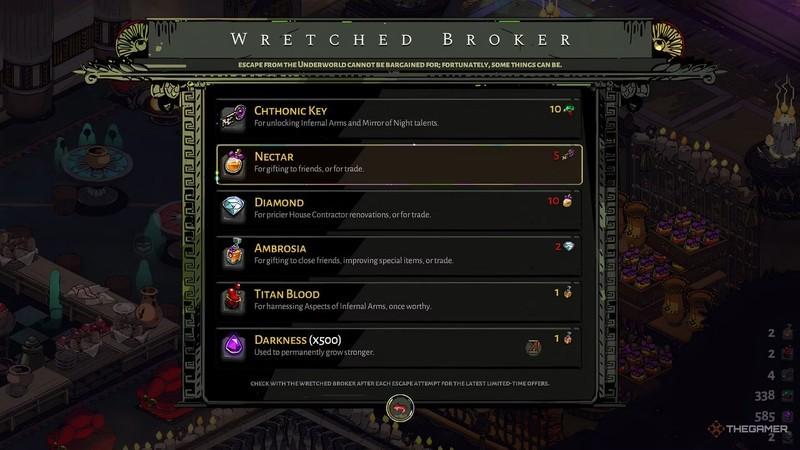 Hades نحوه عاشق شدن: Selecting Nectar at the Wretched Broker in Hades.