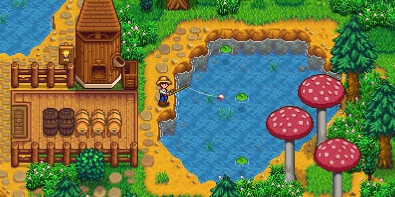 کشاورز Stardew Valley رایگان موقت در حال ماهی گیری در یک برکه