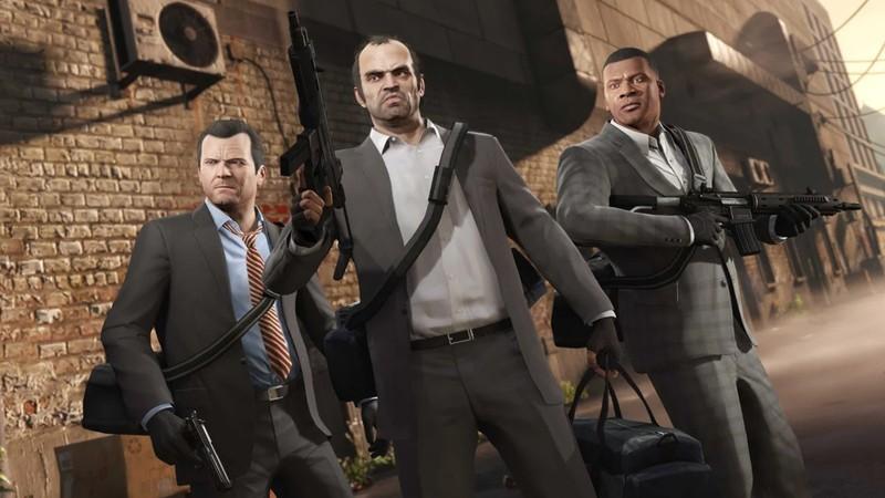 سه شخصیت قابل بازی در یک مثلث با کت وشلوار و اسلحه در GTA 5، بهترین داستان بازی ها