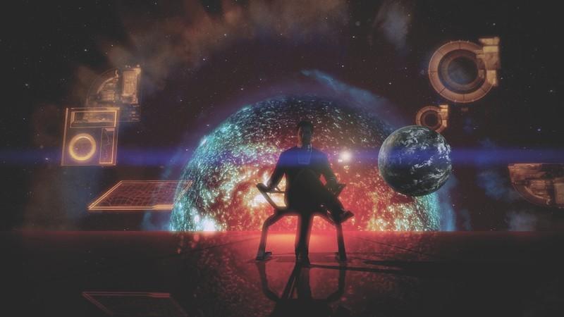 مرد متوهم در مقابل پس زمینه سیاره ای در ابتدای Mass Effect 2، بهترین داستان بازی ها