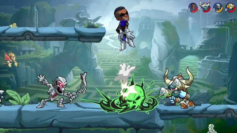 اسکرین شات Brawlhalla که سه شخصیت را در حال مبارزه با یکدیگر نشان می دهد، از بهترین بازی های رایگان Steam.
