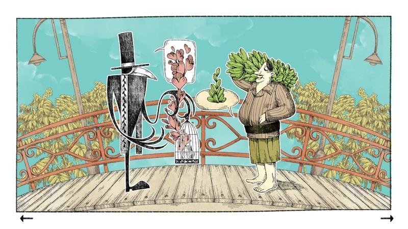 اسکرین شات A Raven Monologue که کلاغی را با کلاه سیلندر و عینک تک چشمی در حال صحبت با مردی که بوته ای سبز روی شانه اش دارد نشان می دهد، یکی از بهترین بازی های رایگان Steam.