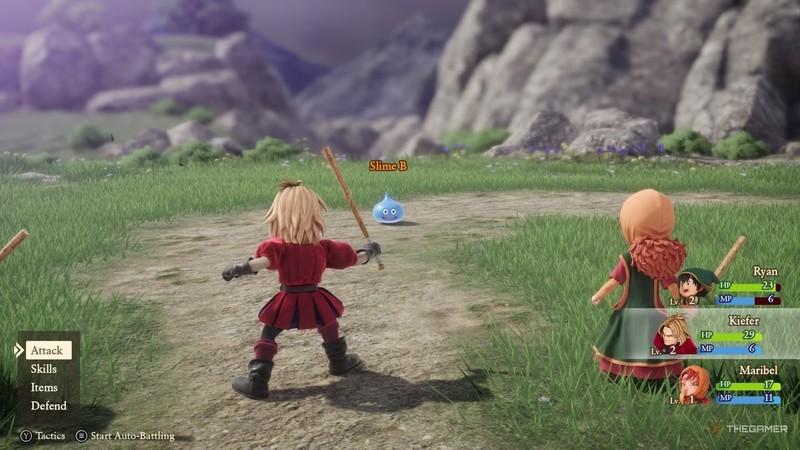 کیفر و ماریبل در حال مبارزه با اسلایم ها در Dragon Quest 7 Reimagined. این بخش جدیدی است و از Dragon Quest 7 Reimagined تفاوت ها در داستان محسوب می شود.