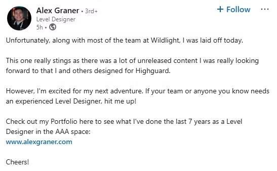 پست لینکدین توسعه دهنده Highguard در مورد اخراج کارکنان Highguard.