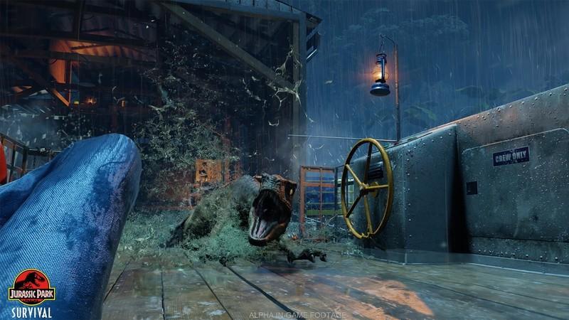 Jurassic Park: Survival معرفی بازی: announcement screenshot with a raptor being blasted with water.