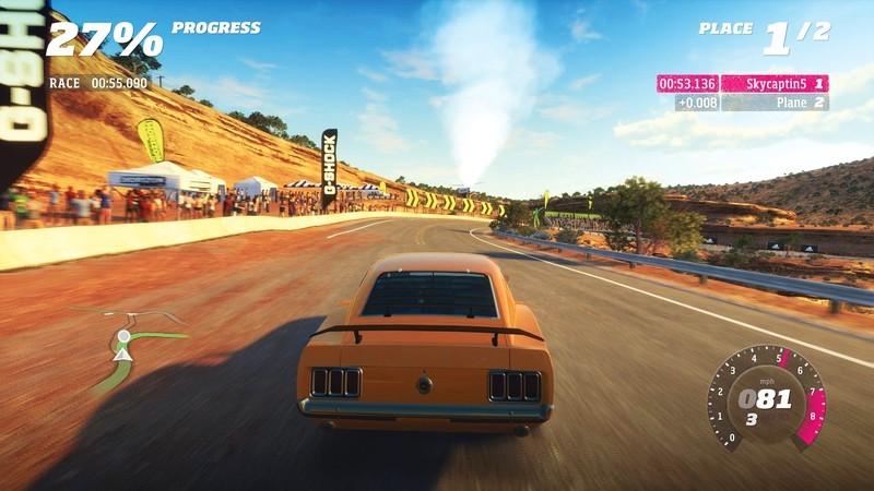 یک ماشین کلاسیک در جاده ای نزدیک یک خاکریز نارنجی در Forza Horizon مسابقه می دهد – محصولی از سازنده Forza Horizon و Codemasters