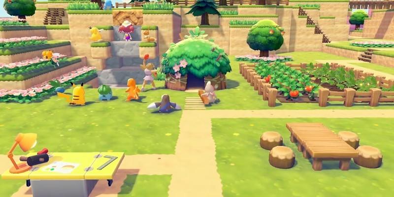 نمای باز از یک مزرعه و کمپ در بازی Pokemon Pokopia، از لیست بازی های مارس 2026.