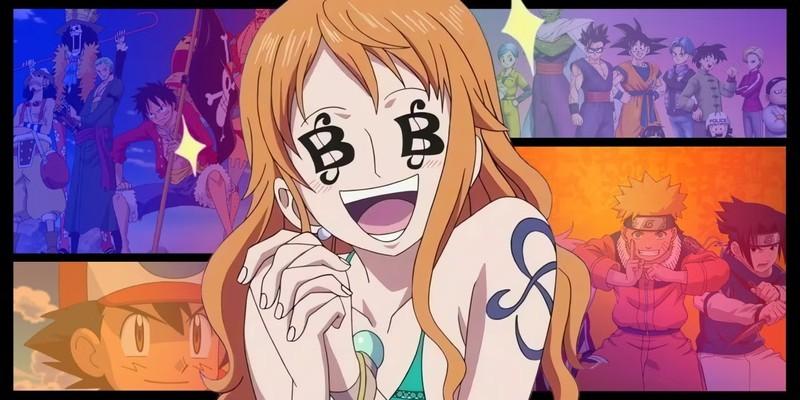 پرفروش ترین مانگا 2025: نامی با علامت های پول توی چشماش. پشت سرش، تصاویری از انیمه های محبوب مثل Dragon Ball، One Piece، Naruto و Pokémon دیده می شه.