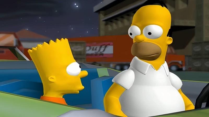 هومر و بارت توی ماشین در بازی ریمیک The Simpsons: Hit & Run کنار هم نشستن.