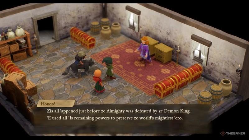 یک گفتگو در Honore در اتاقی پر از صندوقچه در Dragon Quest 7 Reimagined. این از Dragon Quest 7 Reimagined تفاوت ها در صداگذاری است.