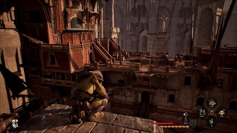 استیکس به یک زپلین نگاه می کند و در حال برنامه ریزی برای ورود به آن در Styx: Blades of Greed نقد و بررسی است