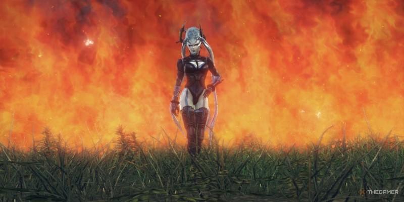 گوئتیا در حال قدم زدن میان شعله های آتش در Xenoblade Chronicles X Definitive Edition – فرصت خرید ارزان Xenoblade Chronicles X Switch 2