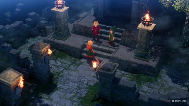 قهرمان، کیفر و ماریبل در حال صحبت بیرون معبد در Dragon Quest 7 Reimagined. بررسی Dragon Quest 7 Reimagined تفاوت ها در شروع بازی.