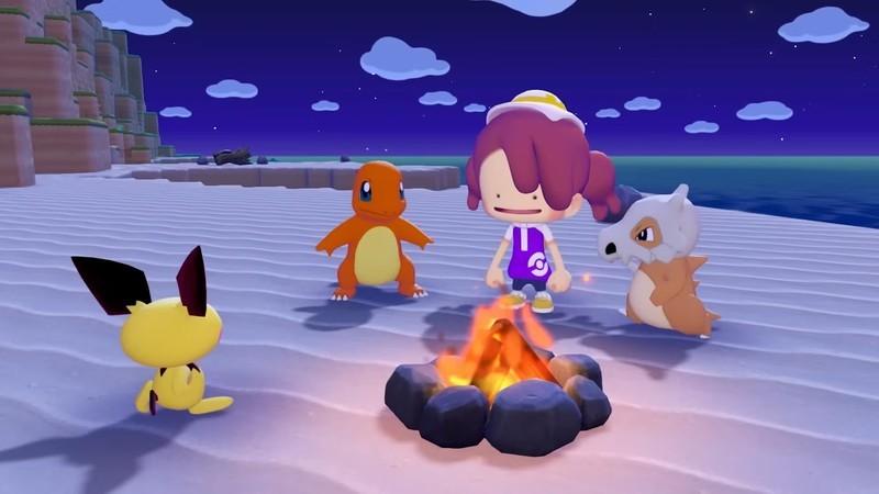 شخصیت اصلی Pokémon Pokopia که یه Ditto هست، دور آتیش کنار Cubone، Pichu و Charmander. با قابلیت های Pokémon Pokopia سرور دائمی تجربه کنید.