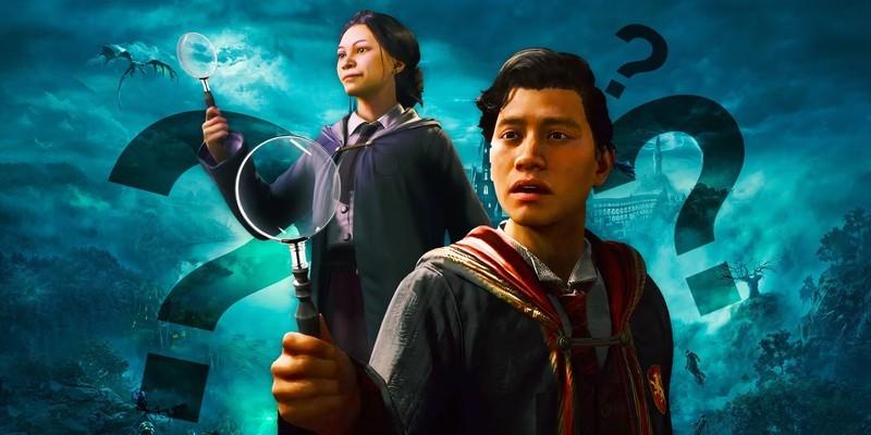 یک شخصیت مرد و زن از بازی Hogwarts Legacy 2 چند نفره که ذره بین به دست دارن و علامت های سوال بزرگ پشت سرشون دیده میشه.