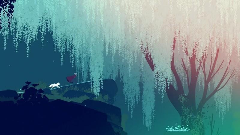 آلبا و Neva روی صخره ای به سمت درختی بسیار بزرگ که شبیه بید مجنون سفید است حرکت می کنند. Neva بازی رایگان پلی استیشن پلاس