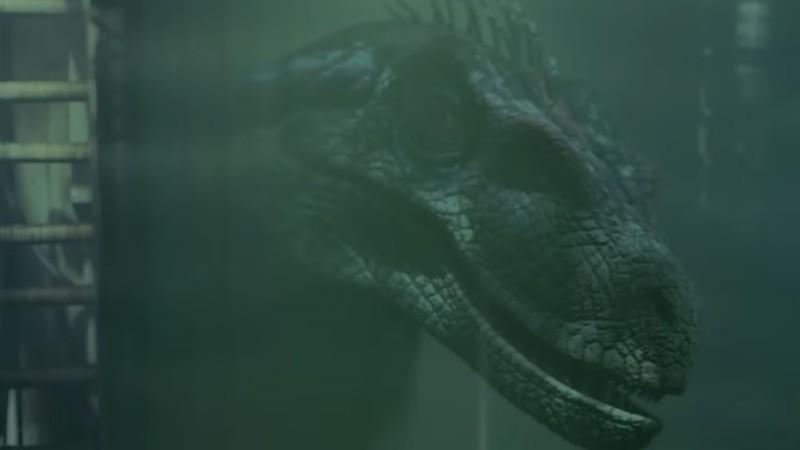 یک رپتور که پشت یک اتاقک آزمایش بزرگ ایستاده در Jurassic Park 3، لحظه ای از ترسناک ترین صحنه های Jurassic Park